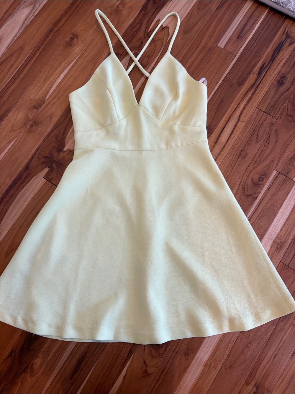 BCBGeneration Pale Yellow Crisscross Spaghetti Strap A-Line Mini Dress